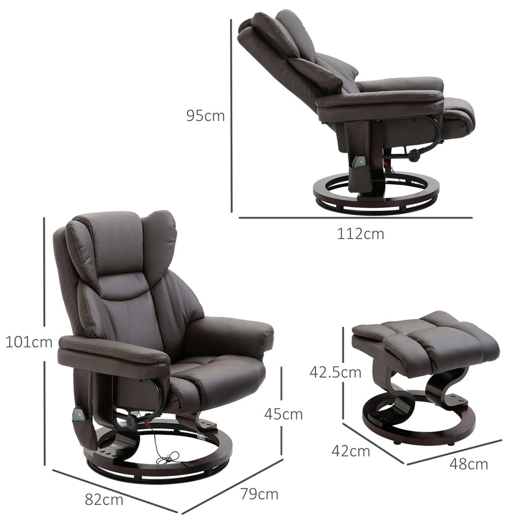 HOMCOM fotoliu relax cu taburet, fotoliu TV rotativ 360° cu masaj, funcție șezlong, fotoliu cu masaj și buzunar lateral, fotoliu recliner, piele ecologică pentru living maro | Aosom Romania