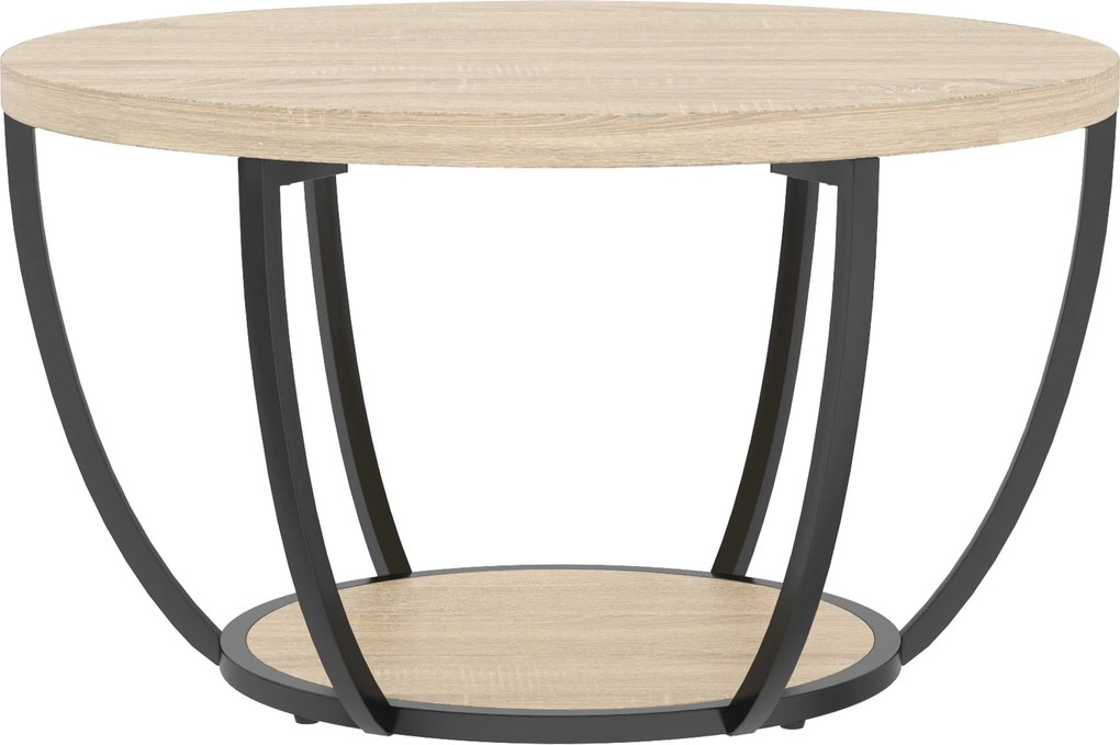 HOMCOM Măsuță de Cafea Rotundă cu 2 Rafturi, Picioare Metalice, Blat Gros, 80x80x43,8 cm, Finisaj Lemn Natur | Aosom Romania