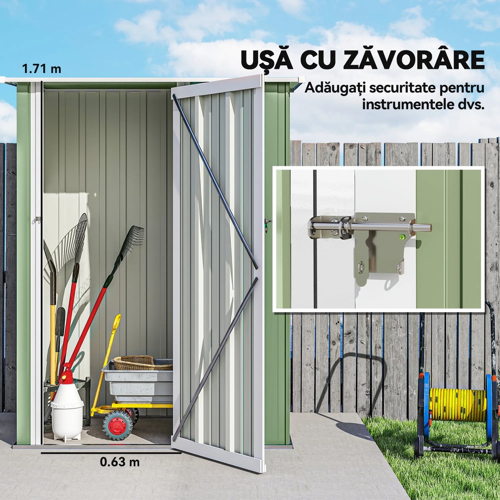 Outsunny Magazie de Gradina sopron Pentru Unelte din Otel, casuta de Gradina Usi Glisante, 142x84x189cm, Verde | AOSOM RO