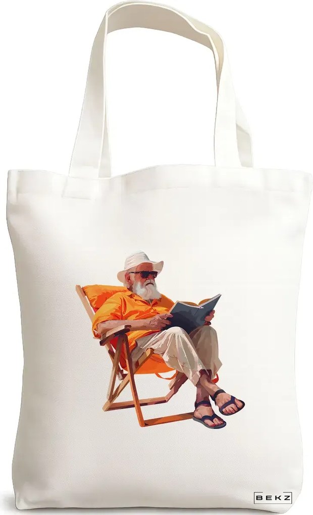 Sacosa de Panza pentru Cumparaturi, Geanta Tote, model Reading The painting 38 x 34.5 cm, Alba, BEKZ®