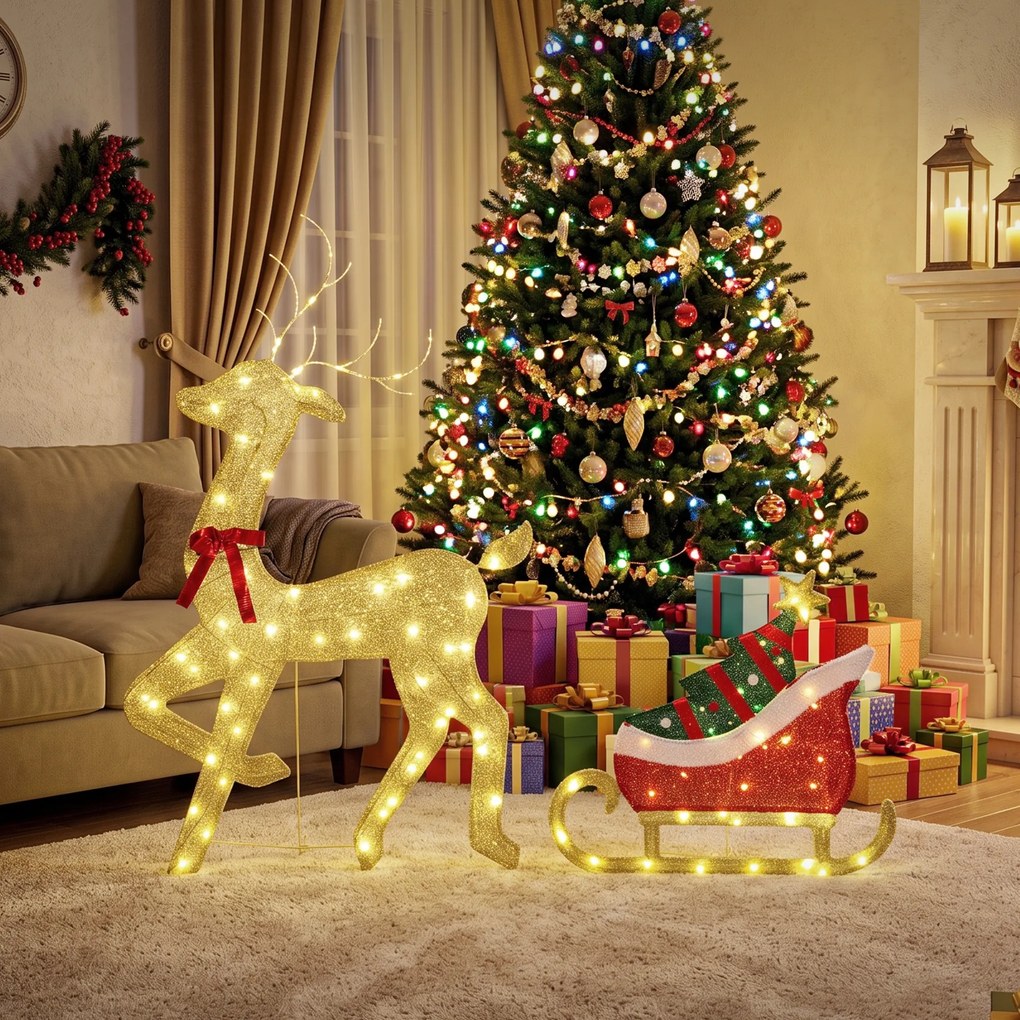 Outsunny Ren de Crăciun Iluminat cu Sanie, 95 LED-uri, Înălțime 125 cm, Auriu | Aosom Romania