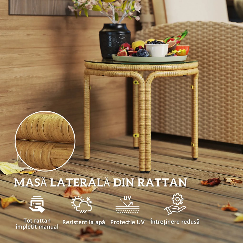 Outsunny Măsuță de Grădină din Ratan și Sticlă Stil Boho Ø50x44 cm Galben | Aosom Romania