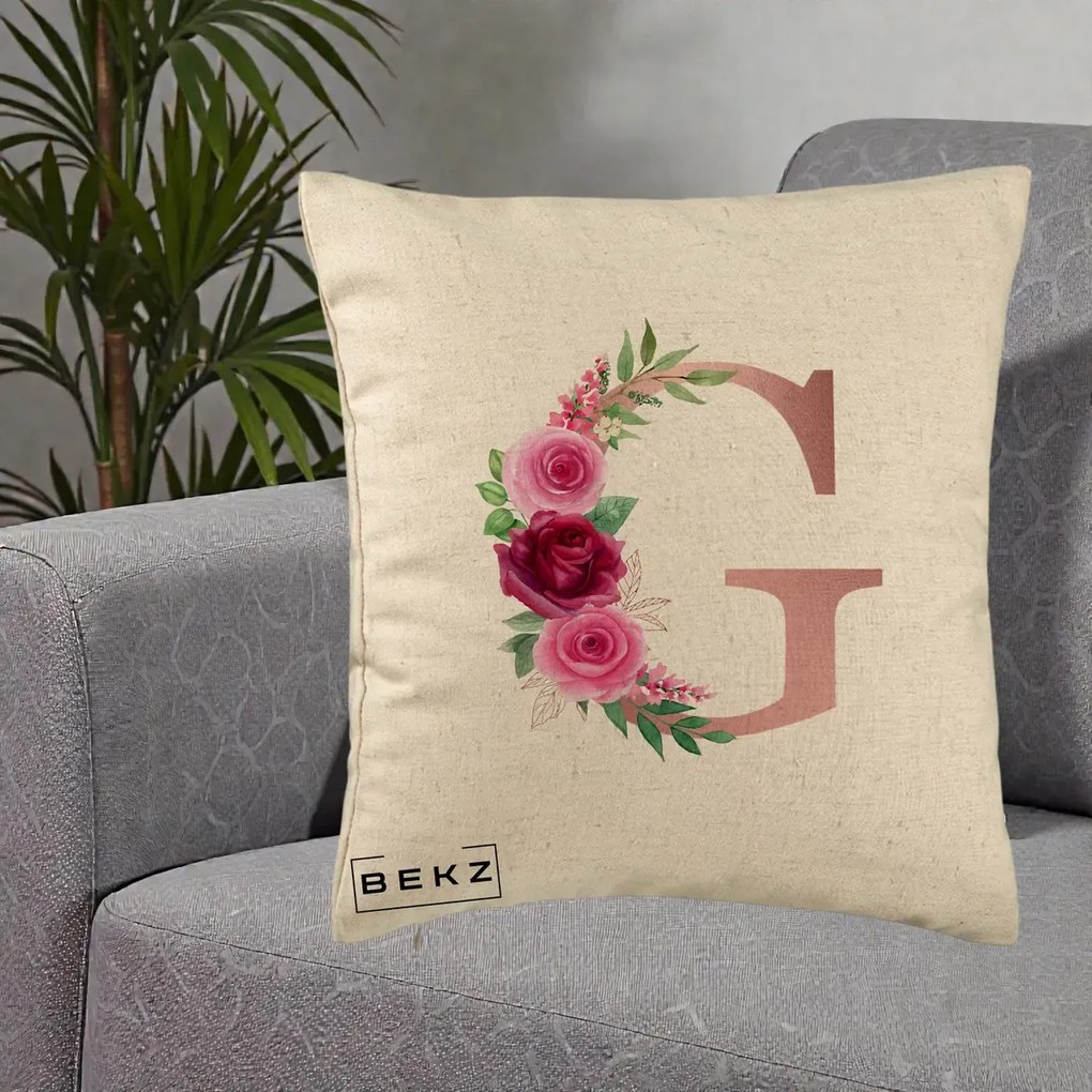 Cadou Personalizat - Perna Personalizata Monograma Rose Gold Litera G, 40x40 cm, Bej, Husa Detasabila, Perna Inclusa, BEKZ®