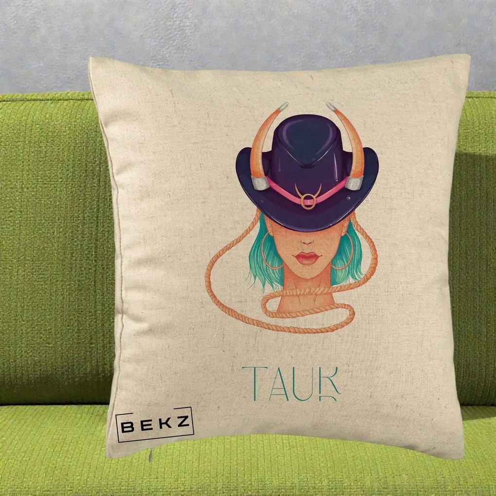 Perna Personalizata Zodie Taur, 40x40 cm, Bej, Husa Detasabila, Perna Inclusa, BEKZ®