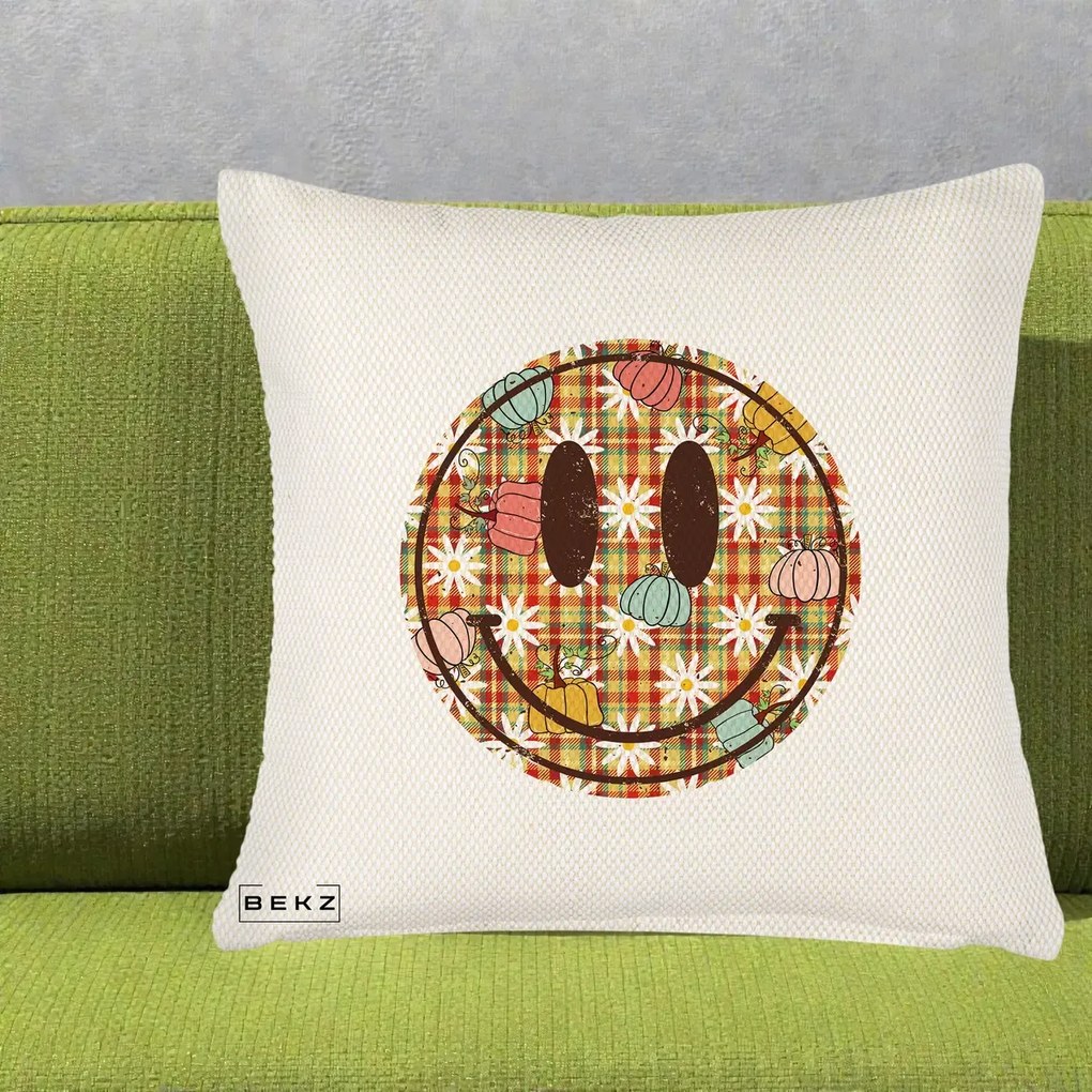 Perna Decorativa Smiley Face de Toamna cu Tartan si Dovlecei, 40x40 cm, Crem Reliefat, Husa Detasabila, Perna Inclusa, BEKZ®