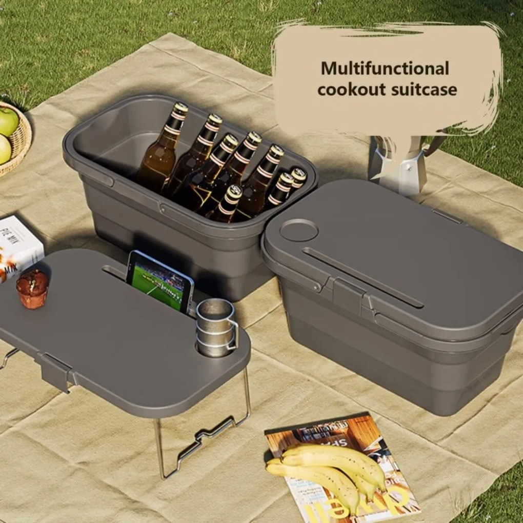 Coș de picnic, pliabil, 3 în 1, gri, masă portabilă, recipient și cutie multifuncțională, 15L, KP03SZ, eCarla