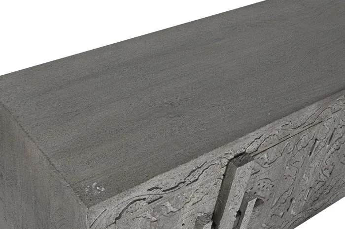 Comodă TV sculptată lungă din lemn masiv, gri, cu 6 uși, 3 rafturi și zăvoare din lemn, finisaj patinat, 61 x 200 x 40 cm, „Arvane”