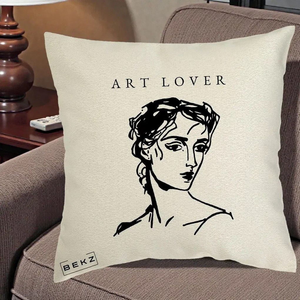 Perna Decorativa Art Lover Portret Grafic, 40x40 cm, Ecru, Husa Detasabila, Perna Inclusa, BEKZ®