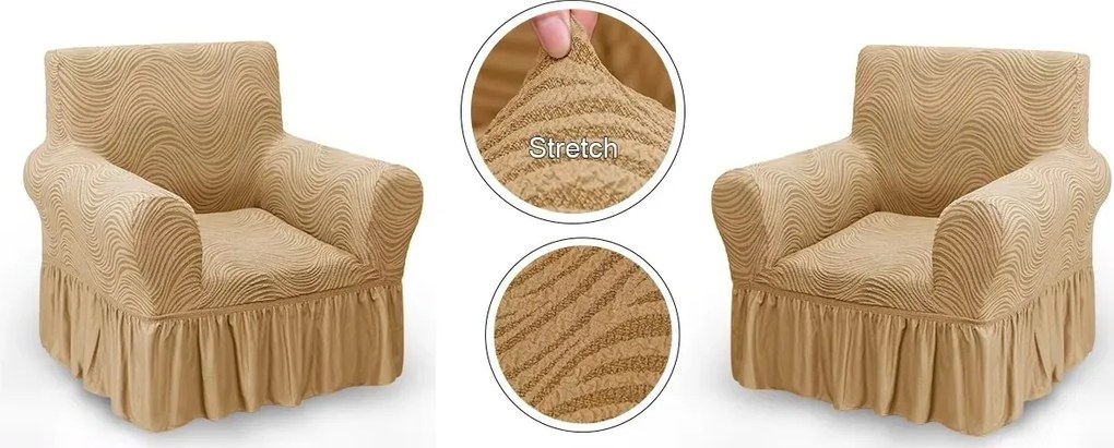Set 2 Huse elastice pentru fotolii, cu volanas si model Jacquard Bej in dungi
