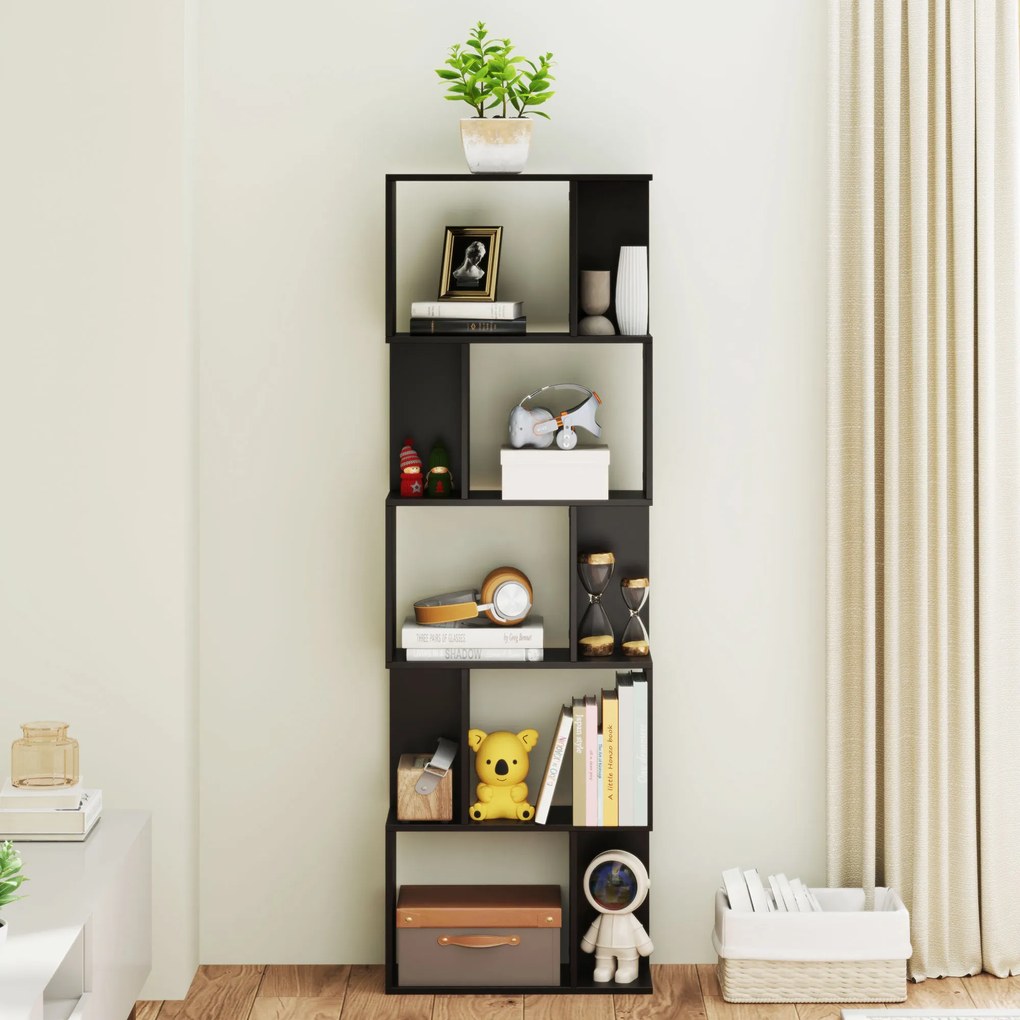 HOMCOM Bibliotecă cu 5 Rafturi Divizate în Formă de S din Lemn, 60x24x184.5 cm, Negru | Aosom Romania