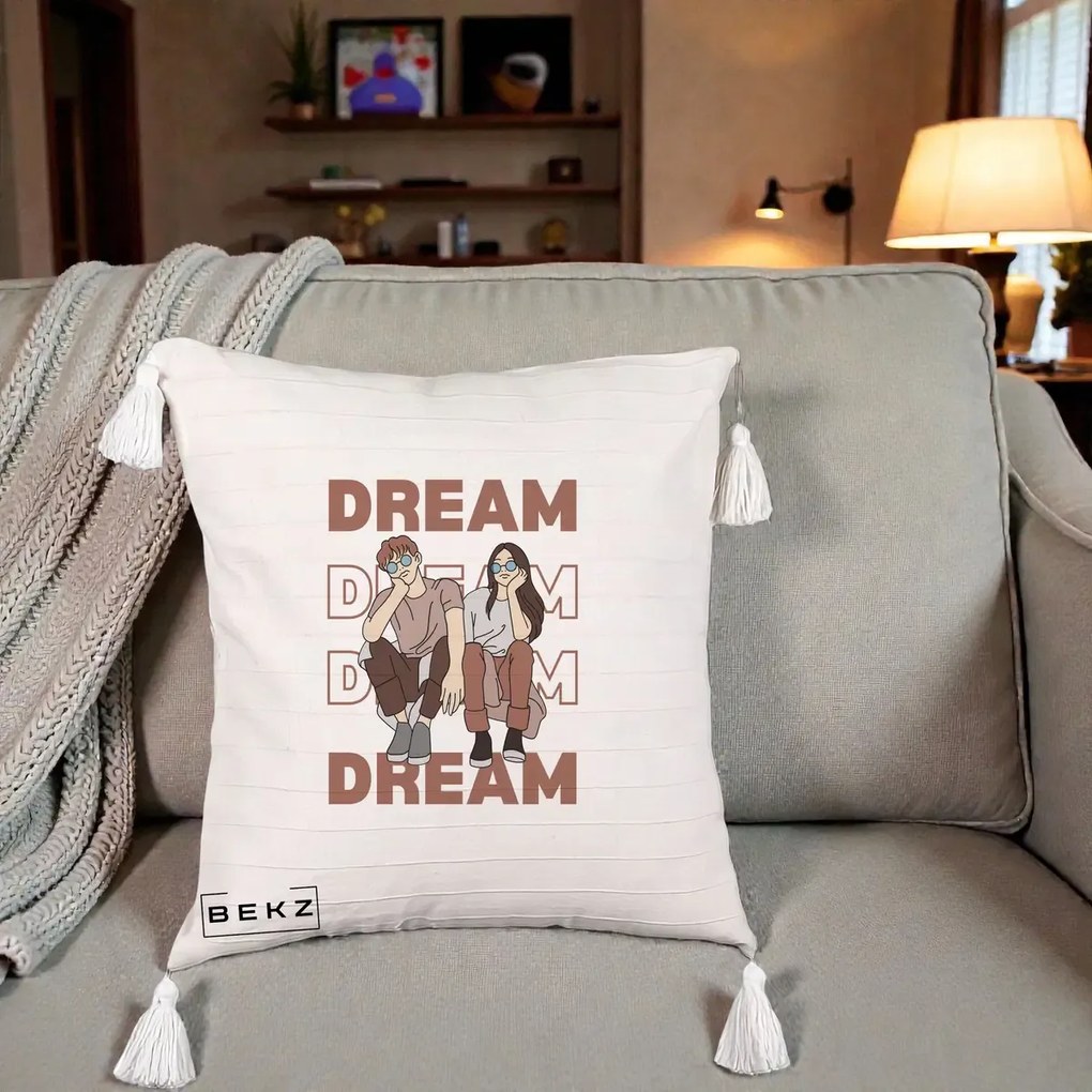 Perna Decorativa Dream Couple Aesthetic, 40x40 cm, Bej cu Franjuri, Husa Detasabila, Perna Inclusa, BEKZ®
