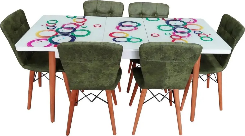 Set masa extensibila picioare lemn, blat sticla securizata multicolor +6 scaune tapitate Fusion Homs verde 80x 170 cm