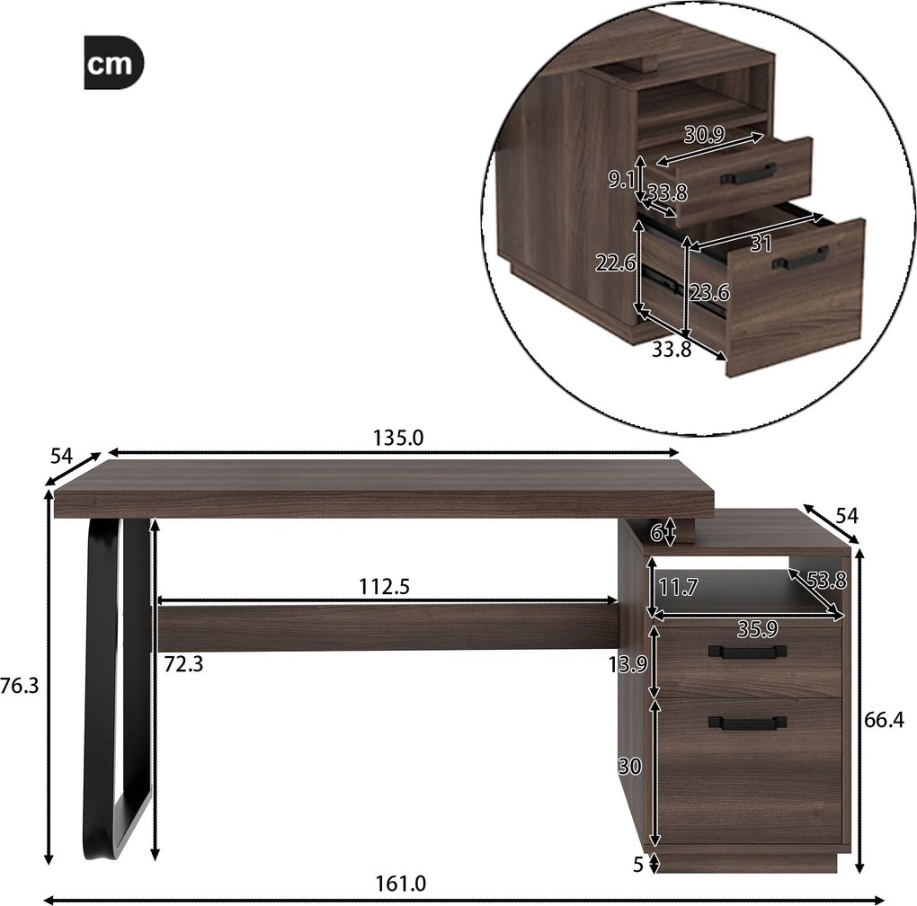 Birou modern în stil minimalist, blat din MDF cu cadru din țeavă de oțel, design multifuncțional de depozitare, 161x54x76,3 cm, Maro