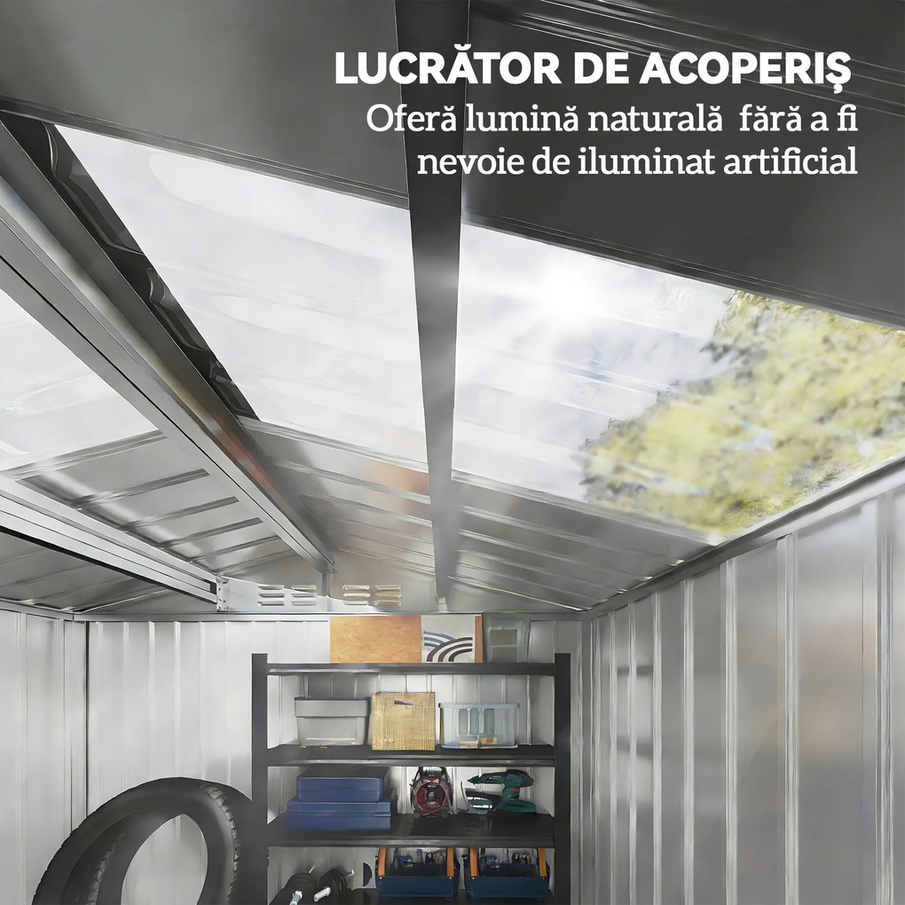 Outsunny Magazie de grădină metalică 2,77 m², 213 x 130 x 185 cm cu fundație, uși culisante, gri închis | Aosom Romania