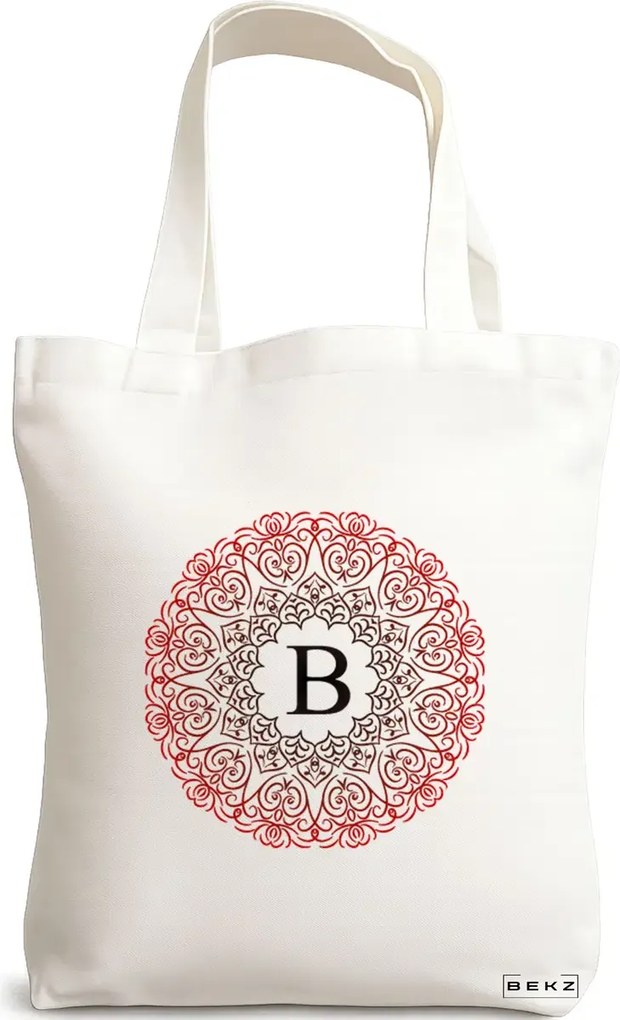 Sacosa de Panza pentru Cumparaturi, Geanta Tote, Cu litera B si Mandala, 38x34.5 cm, Alba, BEKZ®