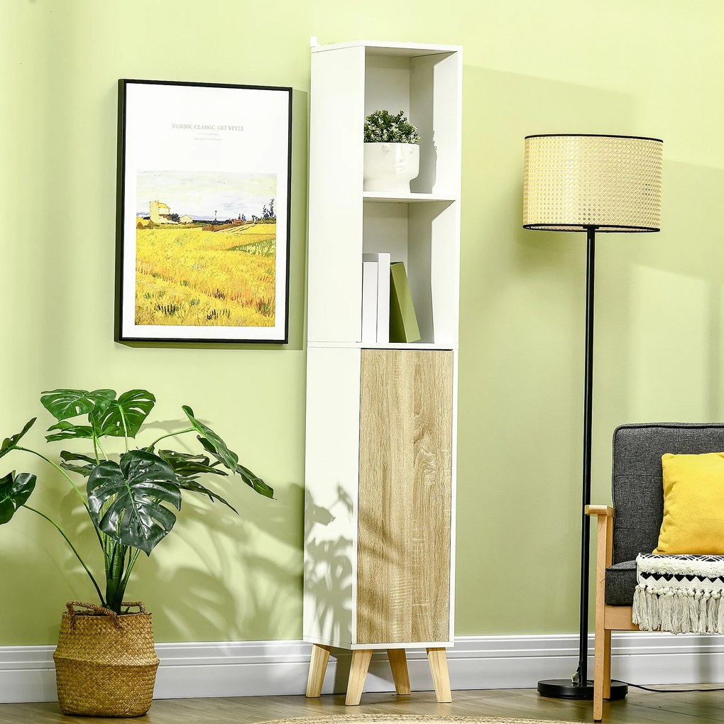 Kleankin Coloană de Baie, Mobilier Modern cu Design Elegant, 31x30x177 cm, Combinație Alb și Lemn Natural | Aosom Romania