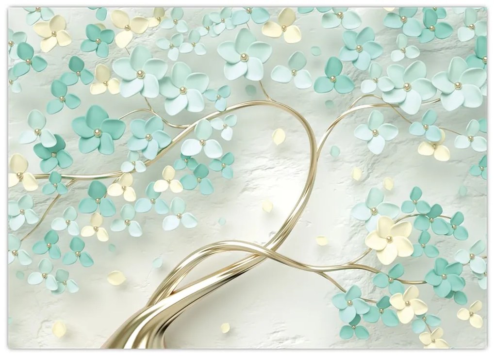 Tablou pe sticlă - Copac auriu înflorit (70x50 cm)