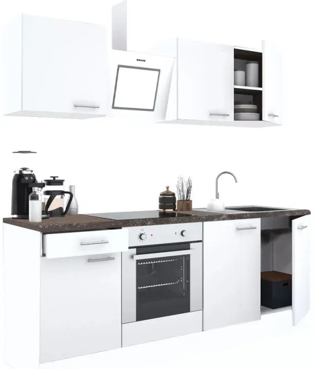 Mobilă de bucătărie Yorki 210, corp alb, față alb satinat cu element inferior al cuptorului