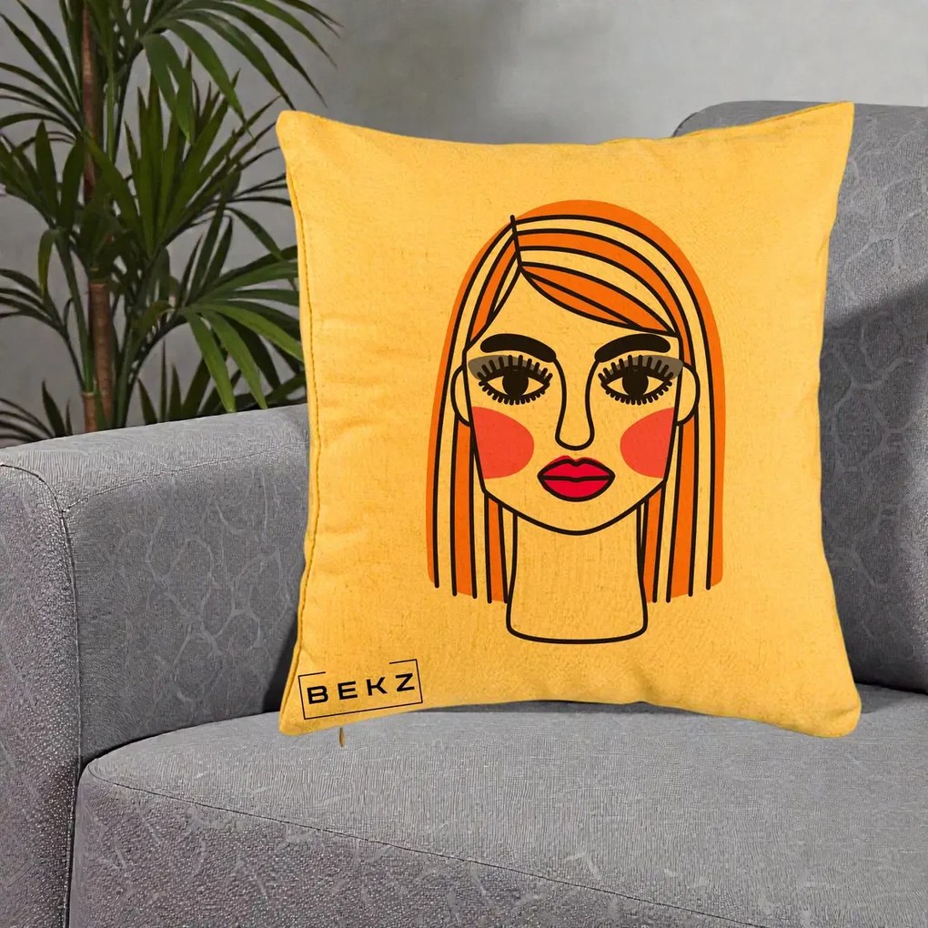 Perna Decorativa Portret Pop Art Fata, 40x40 cm, Galben, Husa Detasabila, Perna Inclusa, BEKZ®
