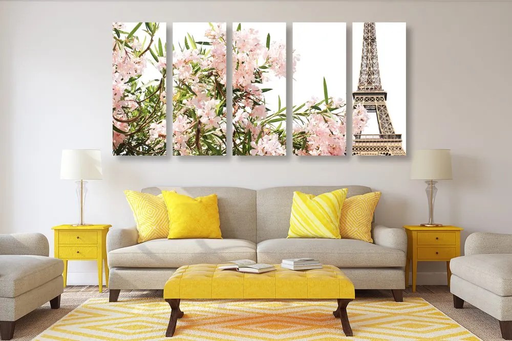 Tablou 5-piese turnul Eiffel și florile roz