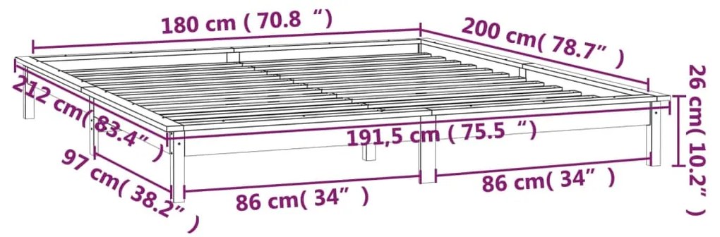 Cadru de pat cu LED, Super King 6FT, 180x200 cm, lemn masiv Maro, 180 x 200 cm