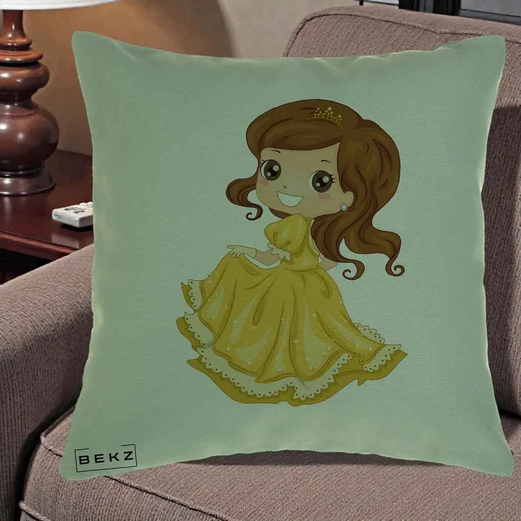 Perna Decorativa Printesa Bella Rochie Aurie, 40x40 cm, Verde, Husa Detasabila, Perna Inclusa, BEKZ®