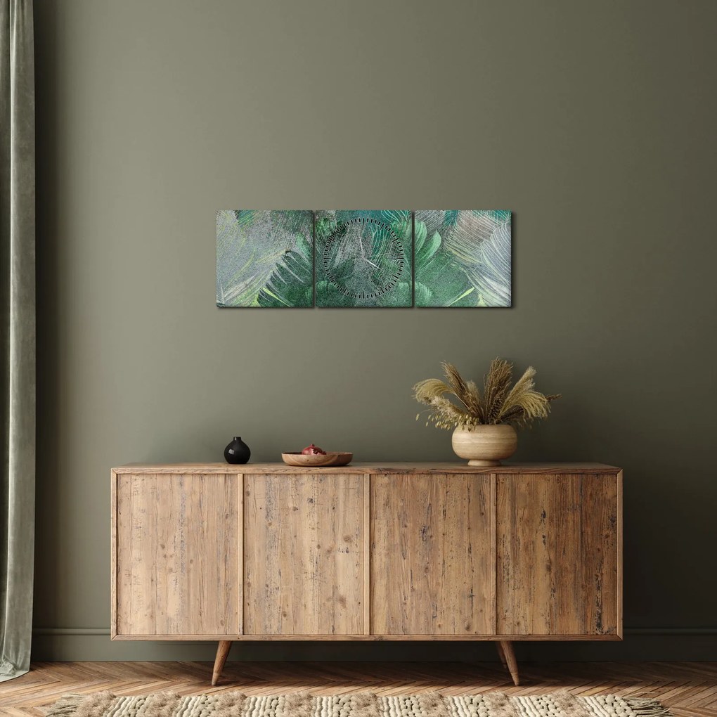 Tablou - Textura de beton cu frunze (cu ceas) (90x30 cm)
