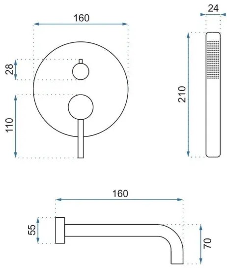 REA-B7503 - Set pentru cadă LUNGO cu baterie încastrată, auriu periat