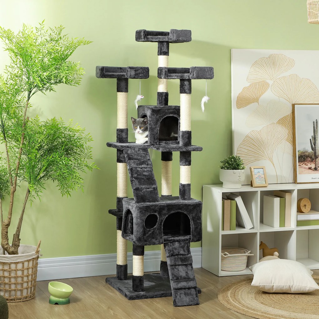 PawHut Albero Tiragraffi per Gatti con Due Cucce in Peluche e Sisal, Grigio, 50x50x170cm