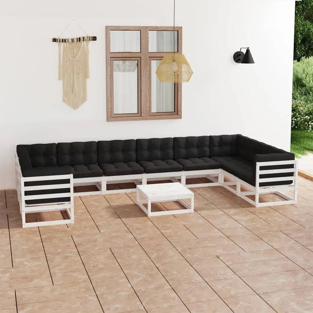 3077325 vidaXL Set mobilier grădină cu perne, 11 piese, alb, lemn masiv pin