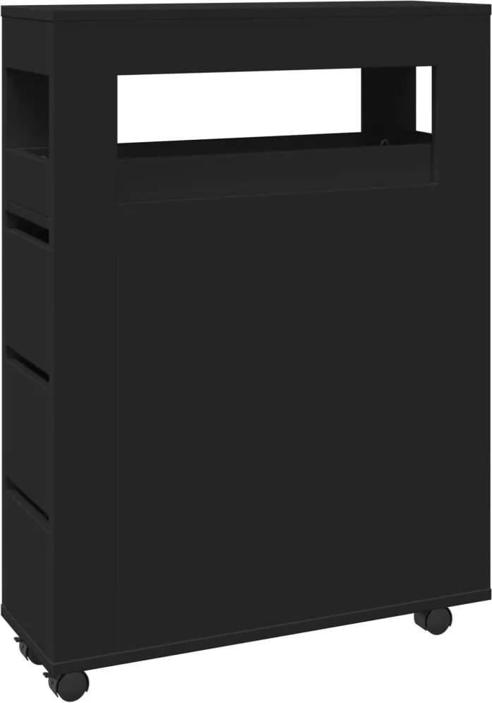 vidaXL Dulap de baie îngust cu roți, negru, lemn prelucrat