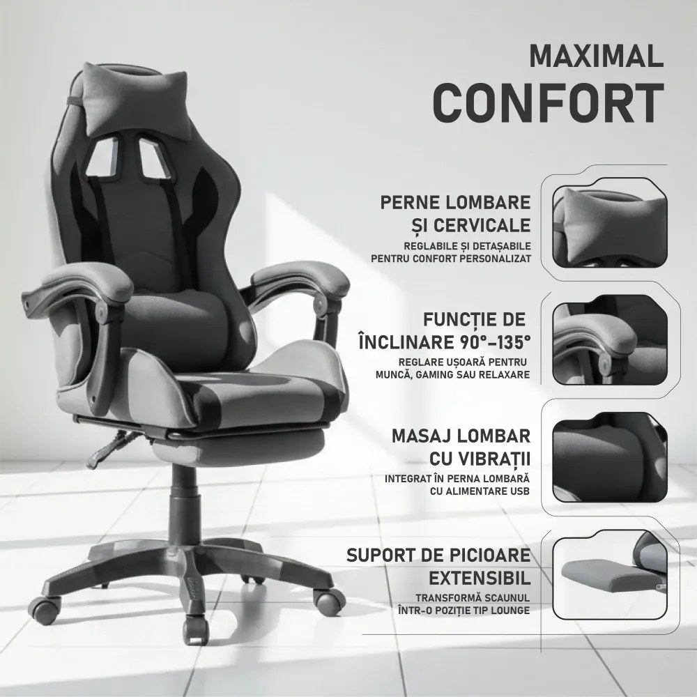 Scaun gaming, masaj în perna lombară, suport picioare, textil, Gri