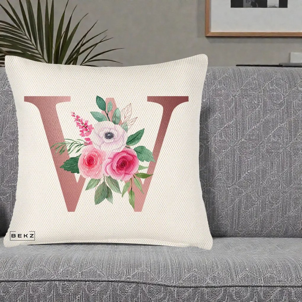 Cadou Personalizat - Perna Personalizata Monograma Rose Gold Litera W cu Trandafiri si Anemona, 40x40 cm, Crem Reliefat, Husa Detasabila, Perna Inclusa, BEKZ®