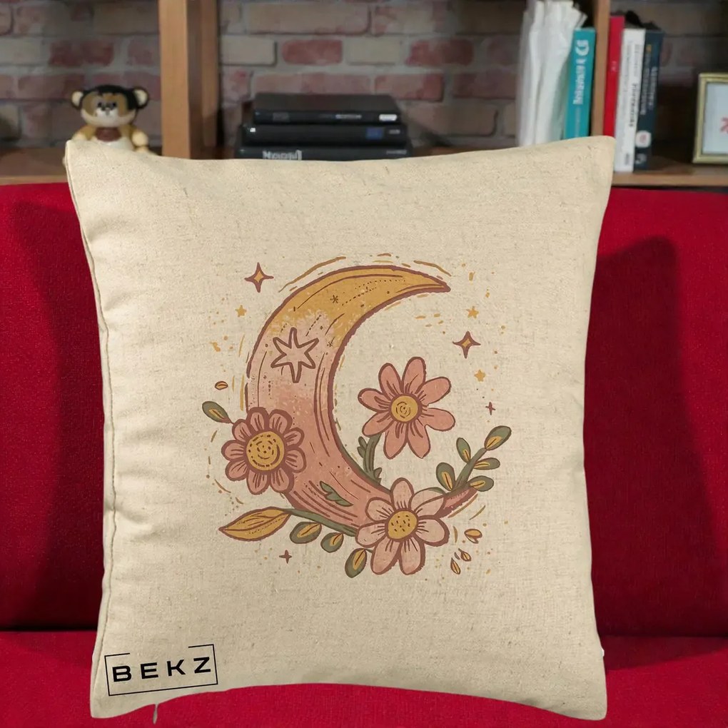 Perna Decorativa Luna Florala Boho, 40x40 cm, Bej, Husa Detasabila, Perna Inclusa, BEKZ®