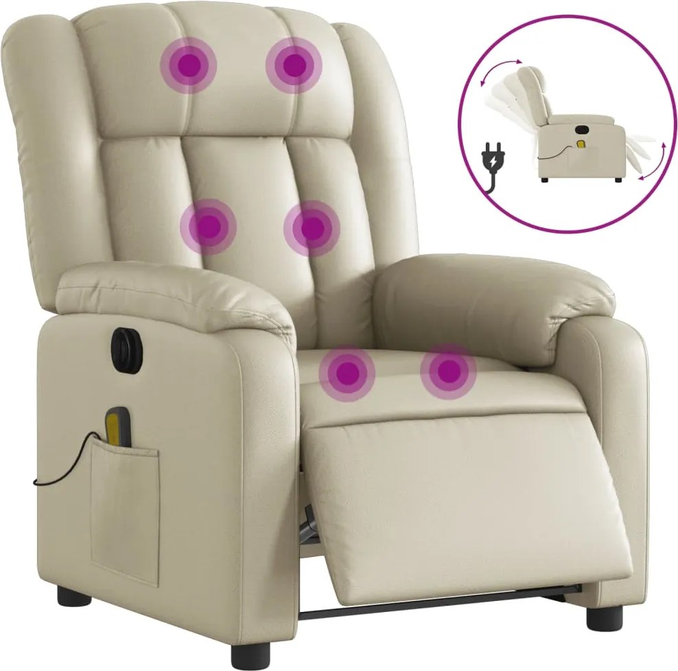 vidaXL Fotoliu electric de masaj rabatabil, crem, piele ecologică