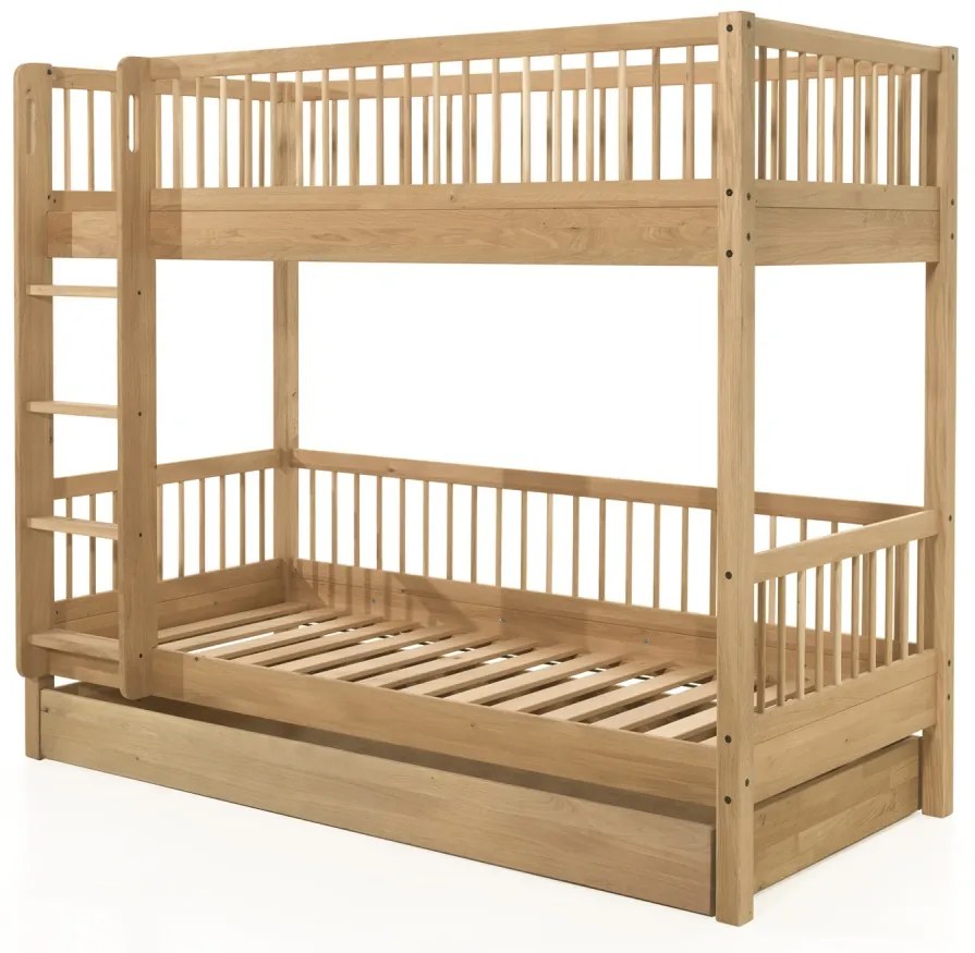 Set Pat Supraetajat Forrest Oak pentru Camera Copii, 90x200 cm, cu Sertar Pat, din Lemn Masiv de Stejar, Natur – Vipack