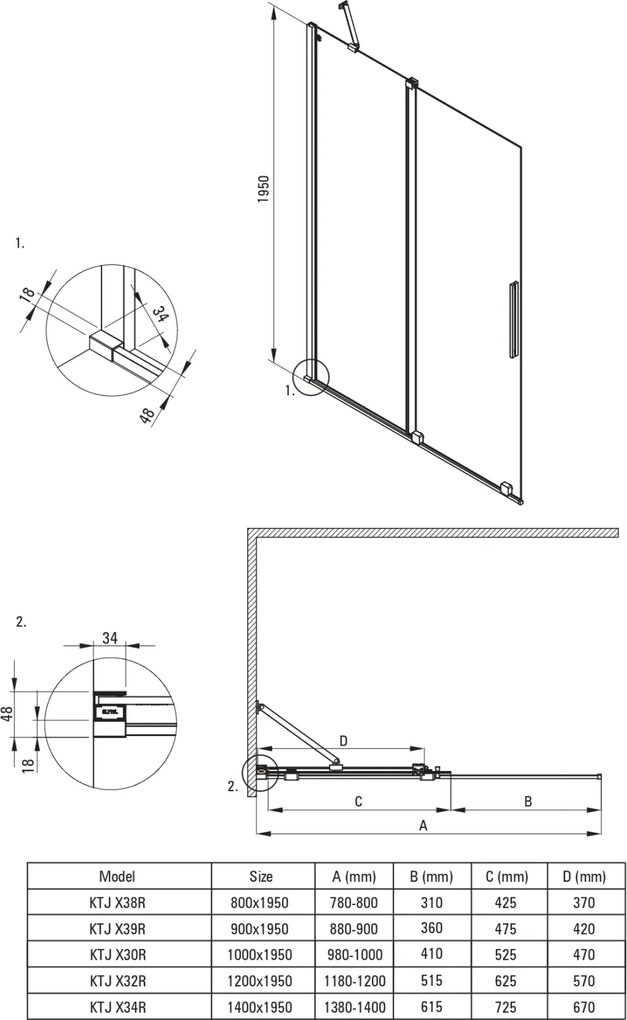 Paravan de dus glisant, 80x195 cm, sticla securizata 6 mm, alb, Deante Prizma Alb, 800x1950 mm