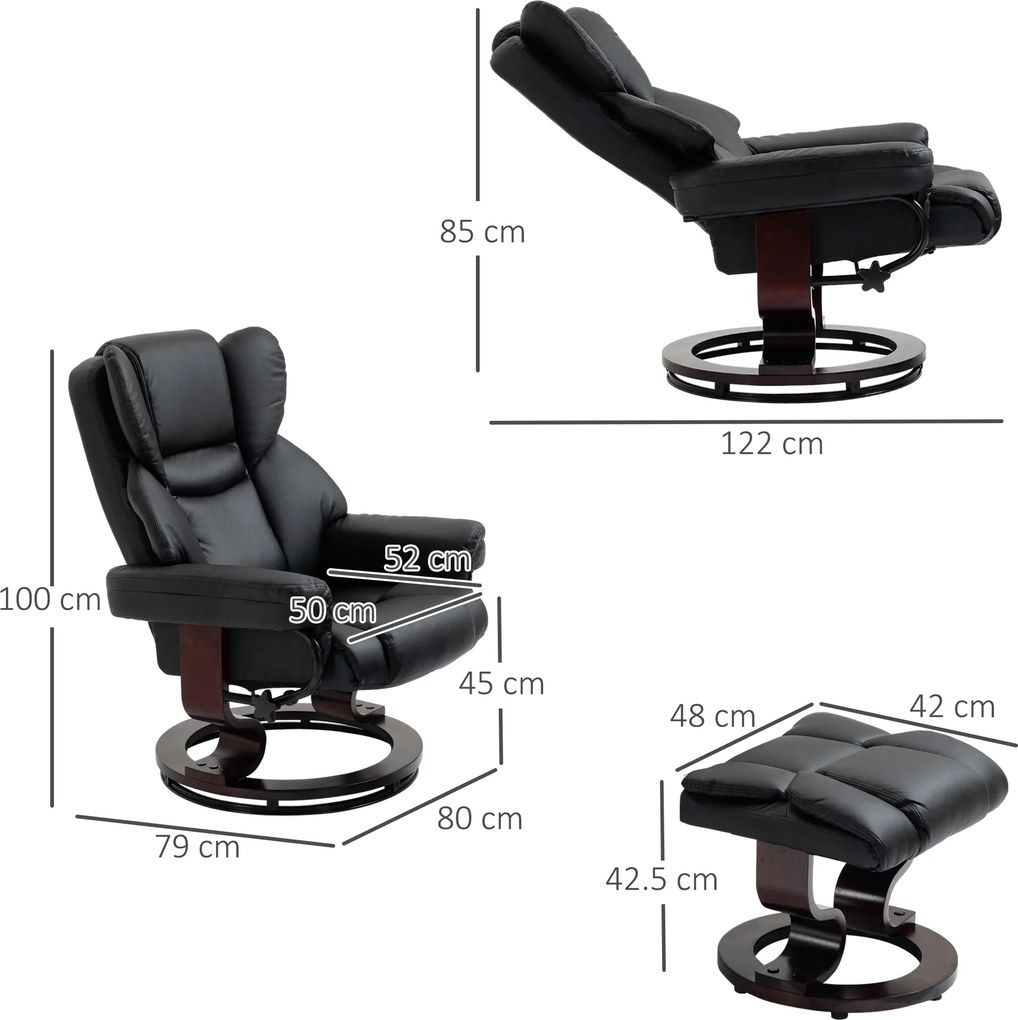 HOMCOM Fotoliu Relaxant si Puf, Reclinabil la 145° cu Scaun Rotativ din Piele Ecologica, Negru | Aosom Romania