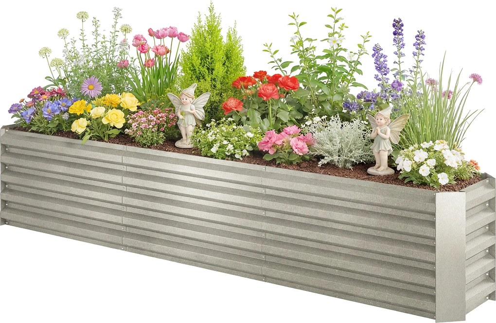 Outsunny Pat pătrat pentru grădină pat ridicat din oțel galvanizat bare de susținere și plăci de colț fund deschis 240x40x45cm gri argintiu | Aosom Romania