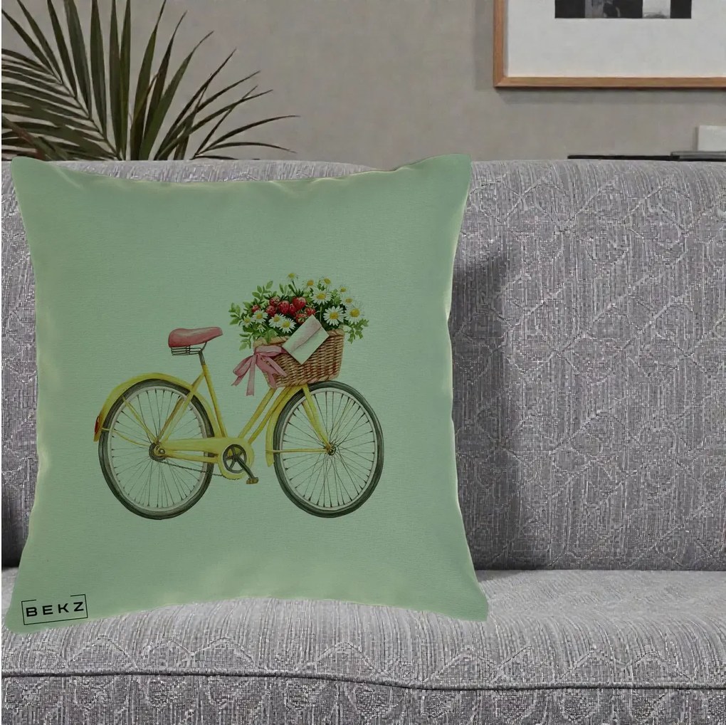 Perna Decorativa Bicicleta Galbena cu Cos de Flori Primavara, 40x40 cm, Verde, Husa Detasabila, Perna Inclusa, BEKZ®