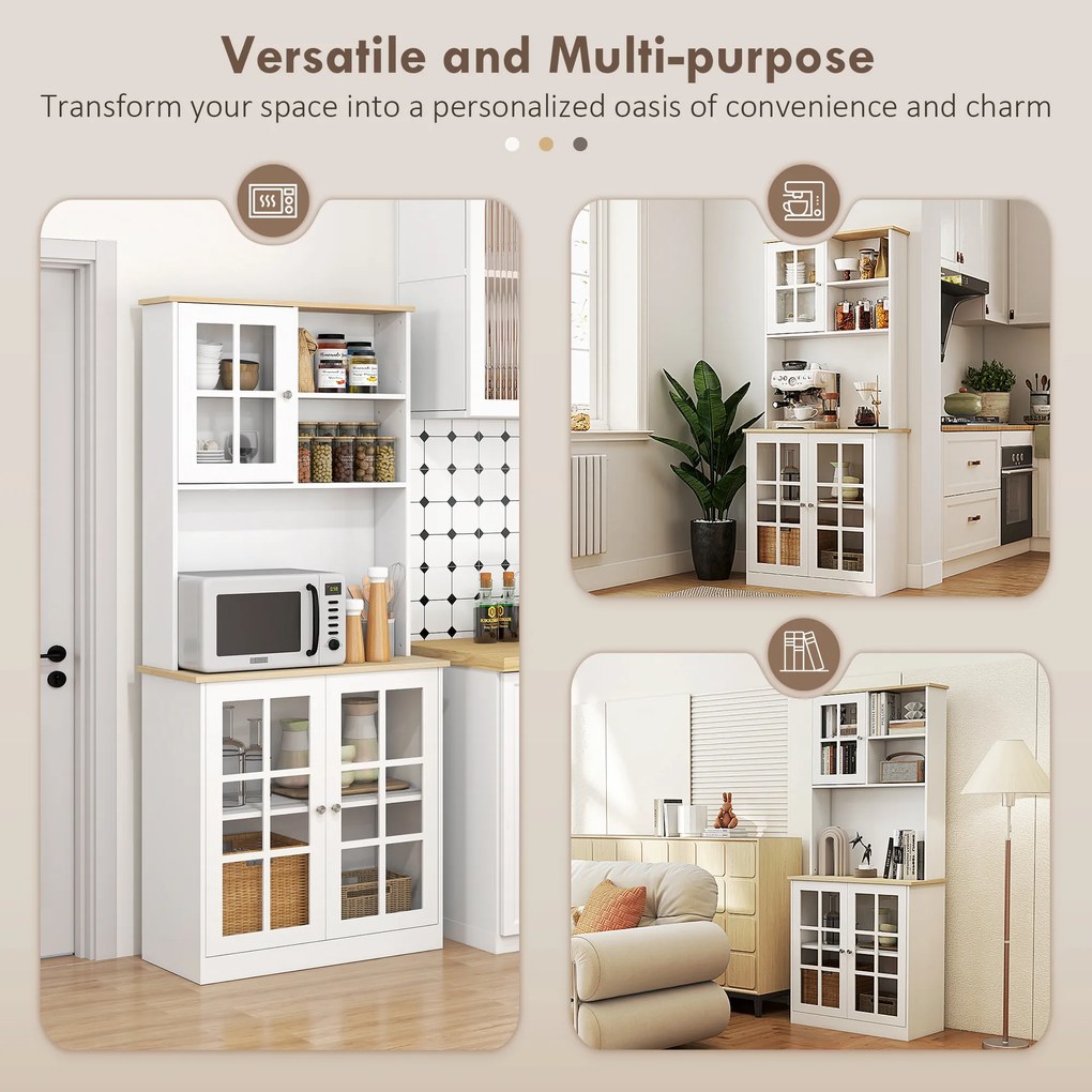 Homcom Bufet Modern din Lemn MDF cu Vitrine, Spațiu Depozitare, pentru Sufragerie și Bucătărie, 80x37x183 cm, Alb | Aosom Romania