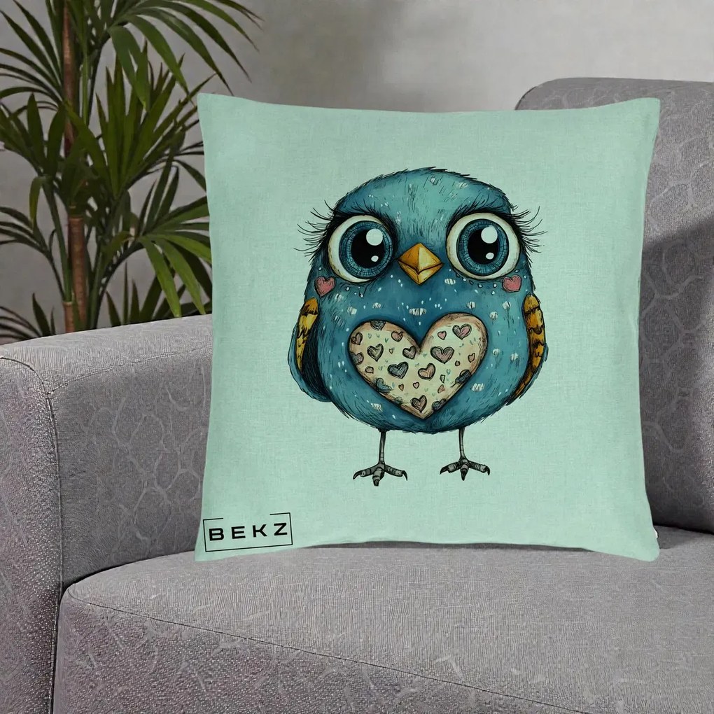 Perna Decorativa Bufnita Albastra cu Inimioare, 40x40 cm, Verde Menta, Husa Detasabila, Perna Inclusa, BEKZ®