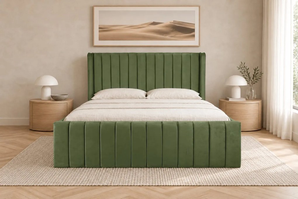 Pat tapițat din catifea Aurelia Simple 160×200 cm, kaki, cu ladă de depozitare