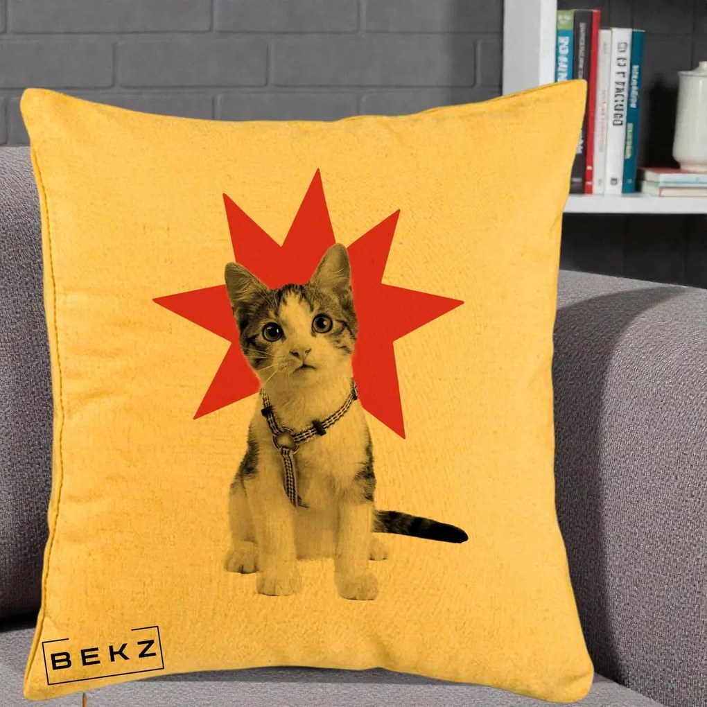 Perna Decorativa Pisica Star Pop Art, 40x40 cm, Galben, Husa Detasabila, Perna Inclusa, BEKZ®