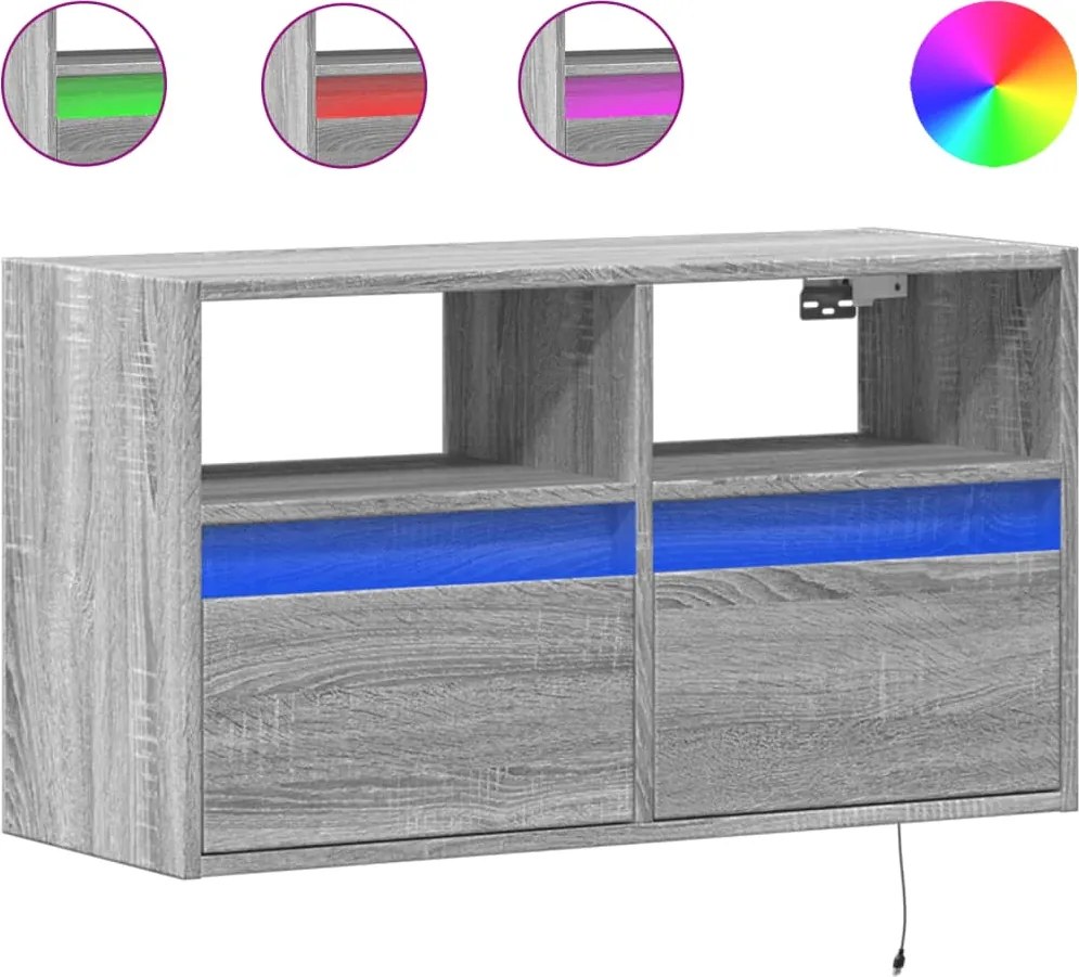 vidaXL Comodă TV de perete cu lumini LED, gri sonoma, 80x31x45 cm