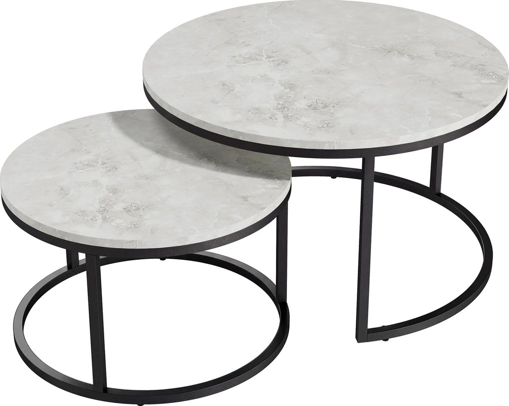 HOMCOM Set 2 Masute de Cafea care se Suprapun, Masute pentru Salon Rotunde din Metal si MDF Efect Marmura, Gri si Negru