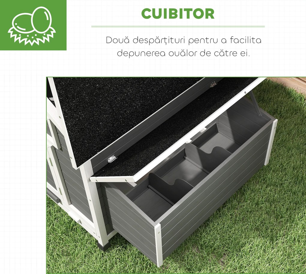 PawHut Coteț din Lemn pentru Exterior cu 2 Cuiburi de Ouă, Adăpost pentru Găini cu Tavă Detașabilă și Acoperiș din Asfalt, pentru 2-4 Găini, Gri | Aosom Romania