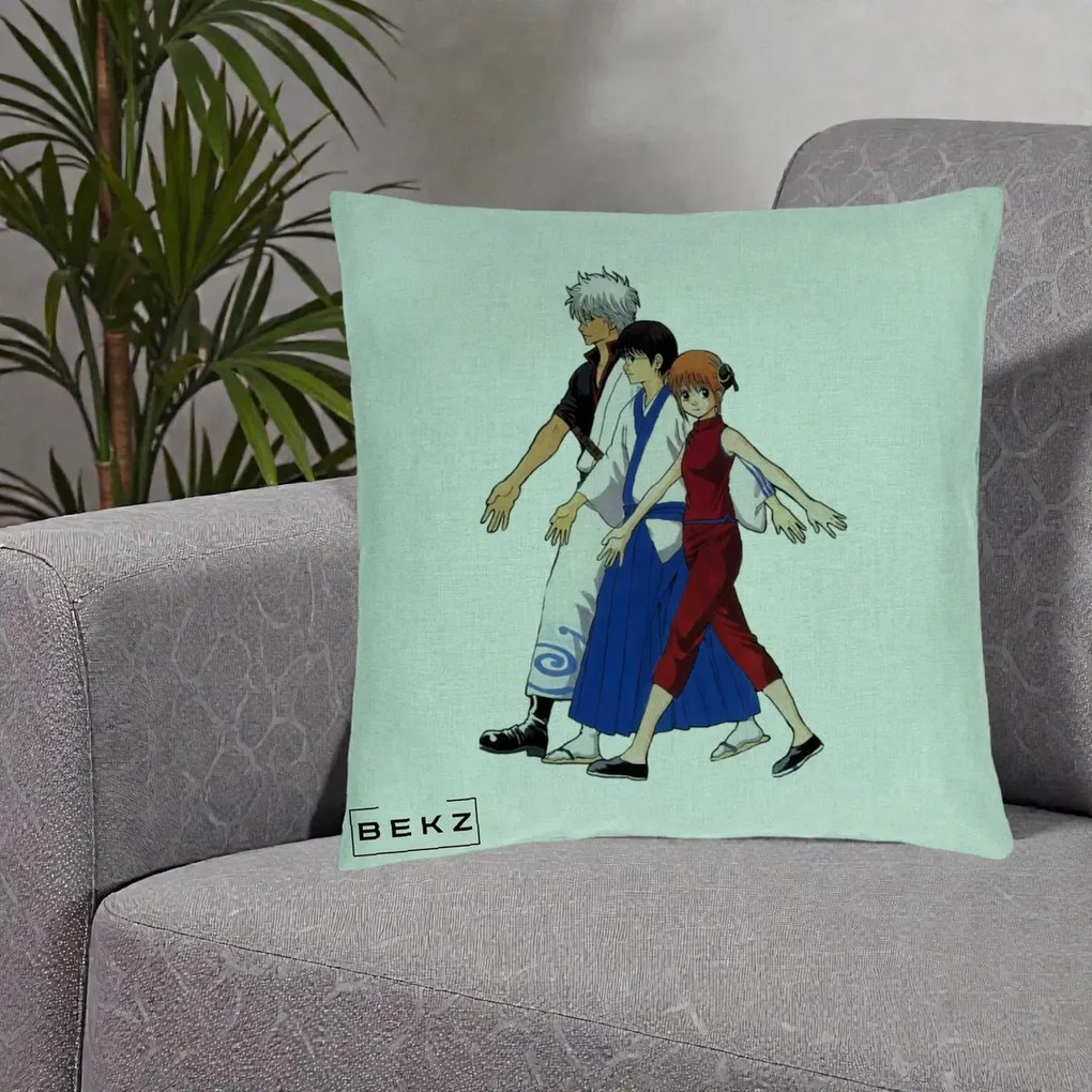 Perna Personalizata Gintama Trio Gintoki Shinpachi Kagura, 40x40 cm, Verde Menta, Husa Detasabila, Perna Inclusa, BEKZ®