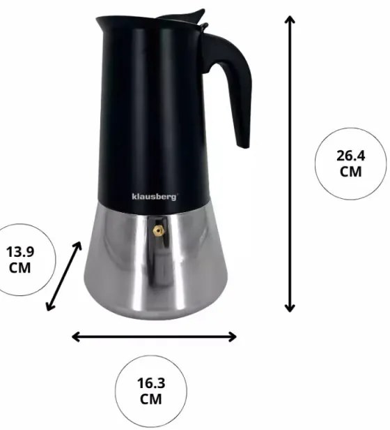 Cafetiera moka Klausberg KB 7847, 12 cesti, 600 ml, Otel inoxidabil, Inductie, Negru/Inox