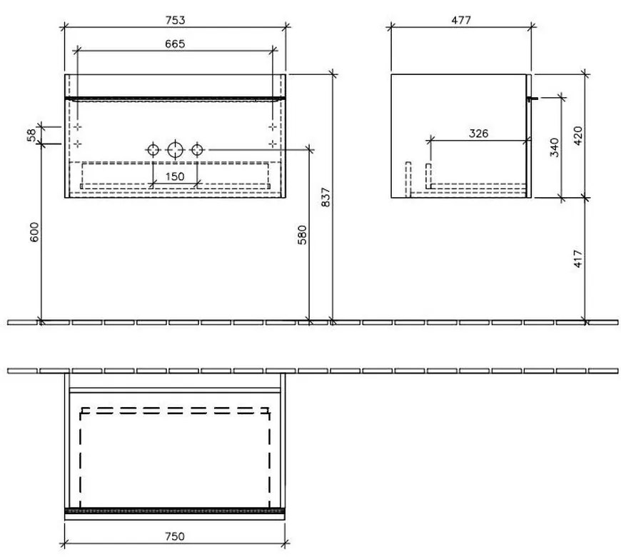 Mobilier lavoar baie gri cu sertar, 75 cm, Villeroy  Boch, Venticello 753x420x502 mm, Gri